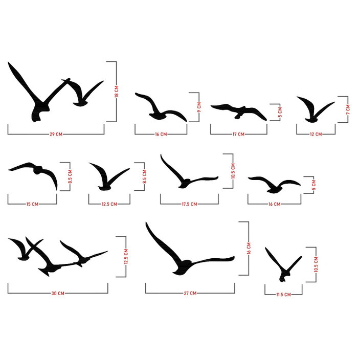 Wallity Migration - Escultura de pared de metal con 11 pájaros negros